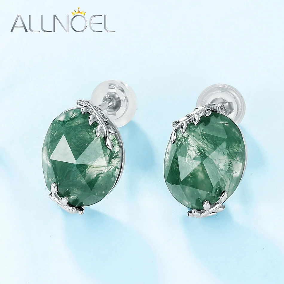 ALLNOEL 925 Sterling Silver Hypoallergenic Stud Earrings for Women Natural Moss Agate Earrings Branches Elegant Jewelry Gift