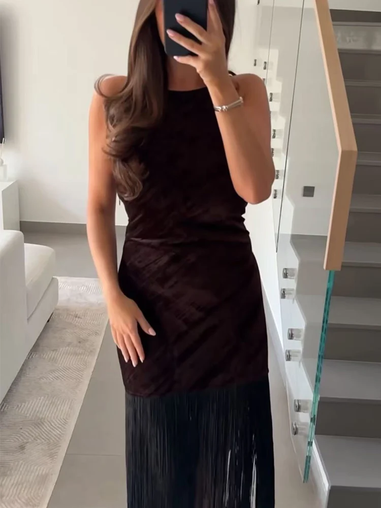 TFMLN 2026 جديد إمرأة شرابة فستان الرسن مثير الصلبة أكمام عارية الذراعين التخسيس ماكسي فساتين الإناث عطلة فستان حفلة