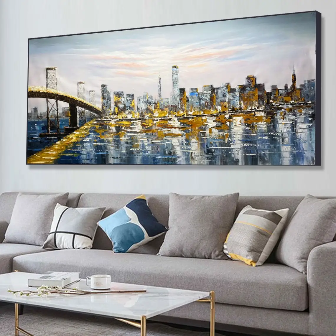 San Francisco Golden Gate Bridge Golden Gate Channel Pink Cloud Reflection Cityscape Oil Painting Gray Mural Wall Art Home Decor