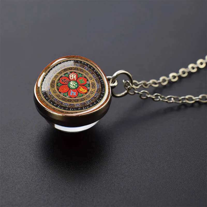 Sacred Geometry-Metatron\'s Cube Necklaces Sri Yantra Mandala Double Side Glass Ball Pendant Necklace Buddhist Yoga Jewelry Gift