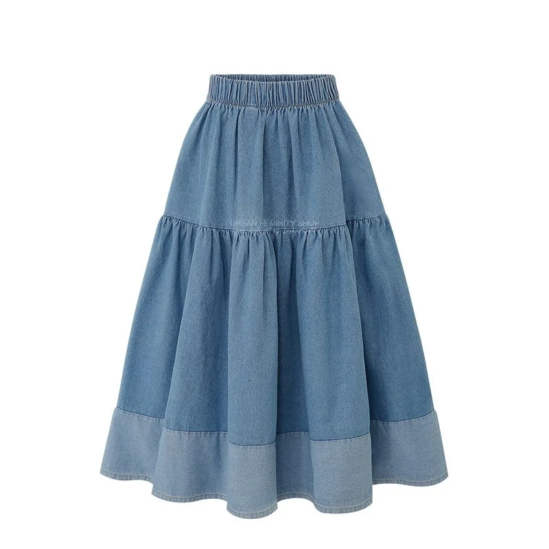 Spódnica jeansowa plus size 60, bardzo duża, damska, modna, z blokami kolorów, rozkloszowana, wyszczuplająca, z wysokim stanem.
