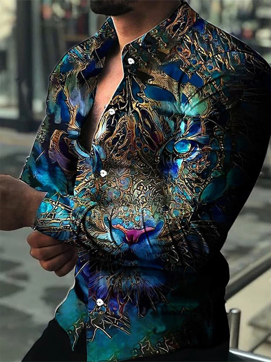 New Men's Shirts Long Sleeves Digital Printing Lapel Buttons Fall Casual Shirts Nightclub Prom  Fashion High Quality Men's Tops