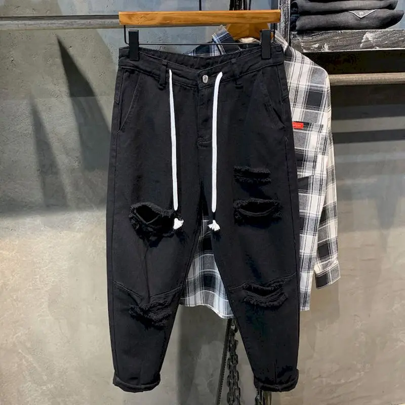 

Foufurieux Japanese Trend New Men's Ripped Hole Jeans White Green Black Ankle Length Youth Fashion Loose Denim Harem Cargo Pants