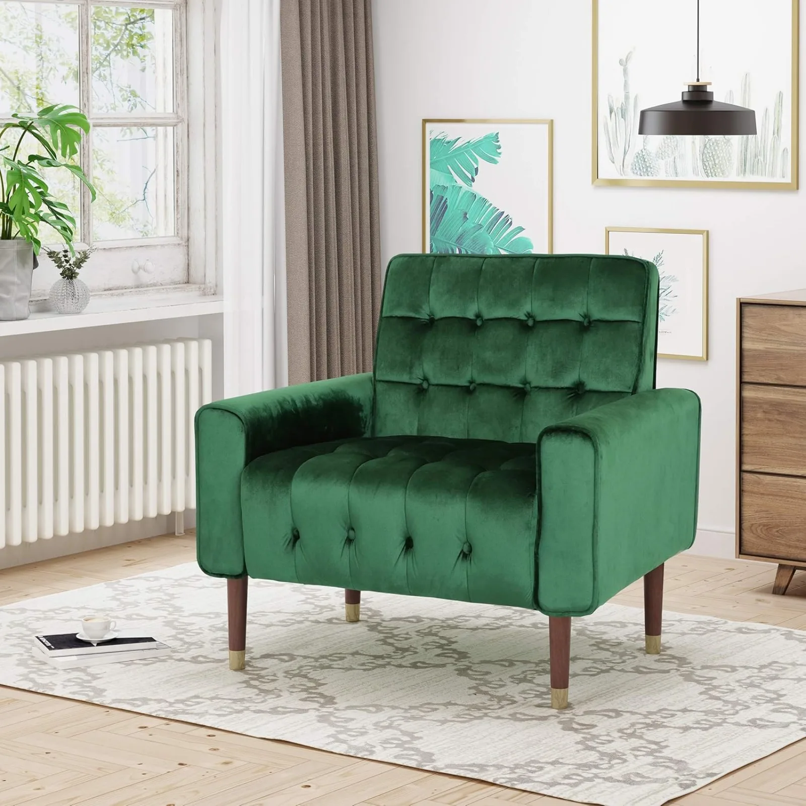 US   Betsy Velvet Armchair, Modern Glam, Button-Tufted, Waffle Stitching, Emerald