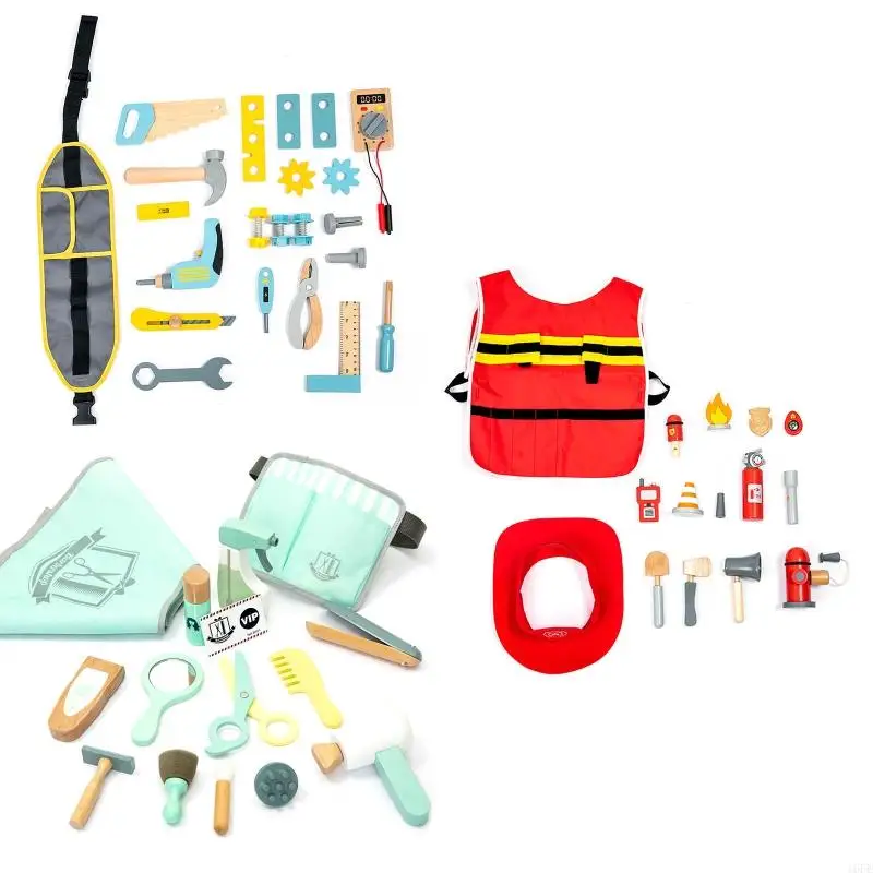 

16FE Children's Role-playing Simulation for Play House Set Toy Firefighter Role for Play Barber Engineer Clothes Accessories