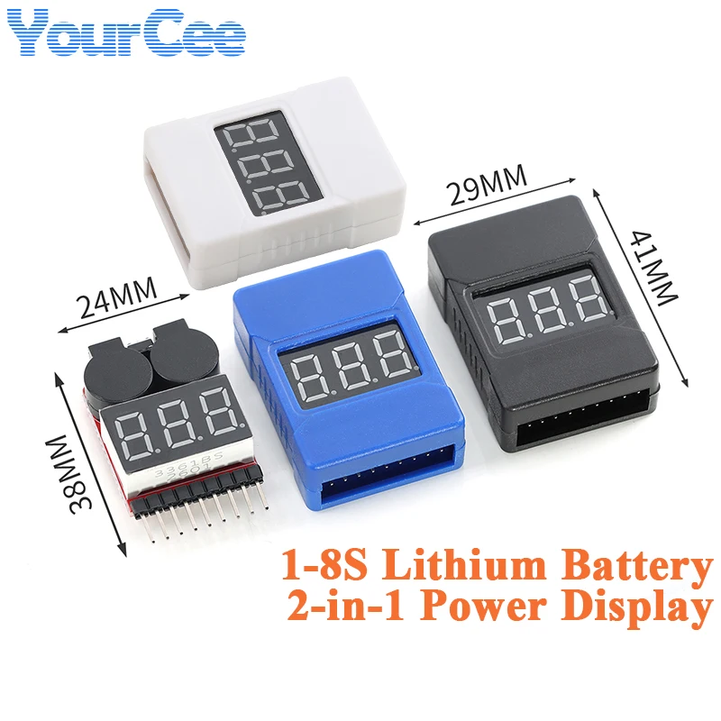 1-8S Lipo Lithium Battery Voltage Tester 2-in-1 Power Display Low Voltage Buzzer Alarm Buzzer Module Speaker Red LED