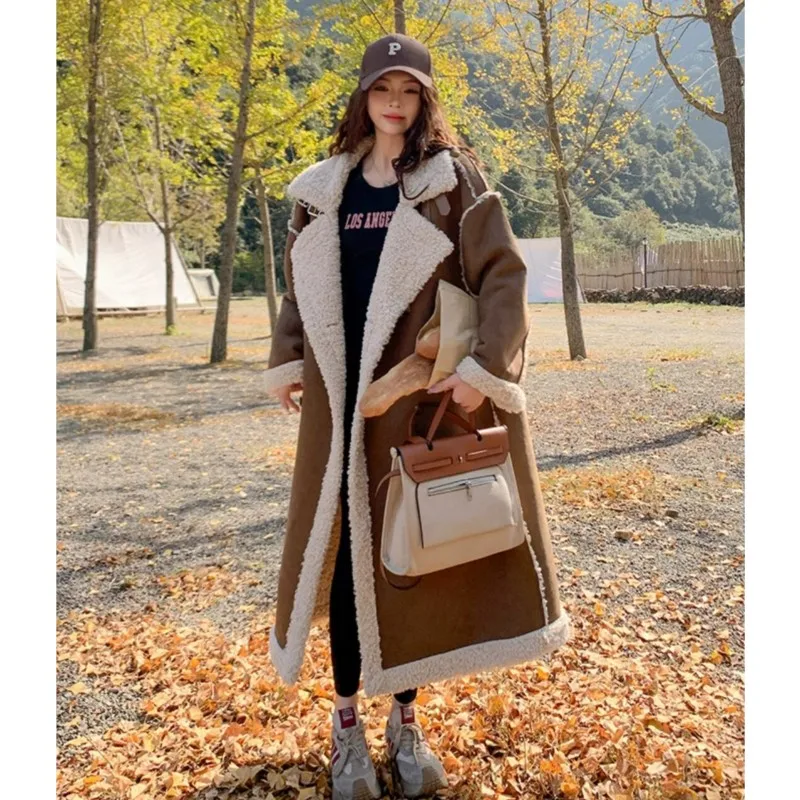 Winter Vintage Suede Lamb Double-faced Fur Coat Brown Women Stand Collar Full Sleeve Below Knee Furry Warm Long Jacket Outerwear