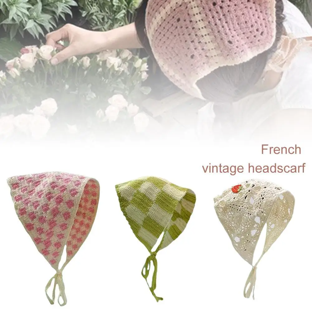 

1PC French Pastoral Style Triangle Headband Fashion Knitted Little Flower Headscarf Hat Handmade Crochet Headband Towel Girls