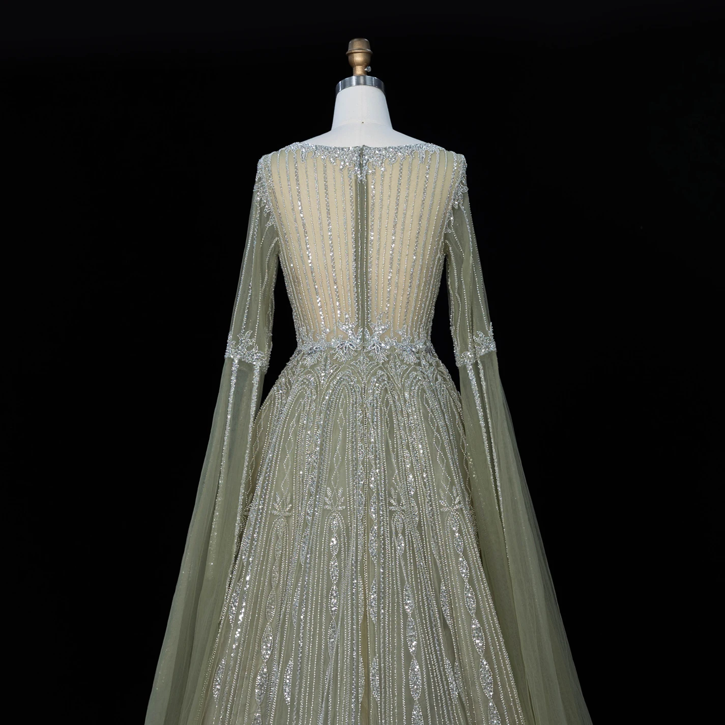 Sharon Said Luxuriöses Braunes Abendkleid mit Quadratischem Ausschnitt, Langen Glockenärmeln, Schwer Perlenbestickt, Dubai Formelle Partykleider SS065 Maßanfertigung – Detail 25