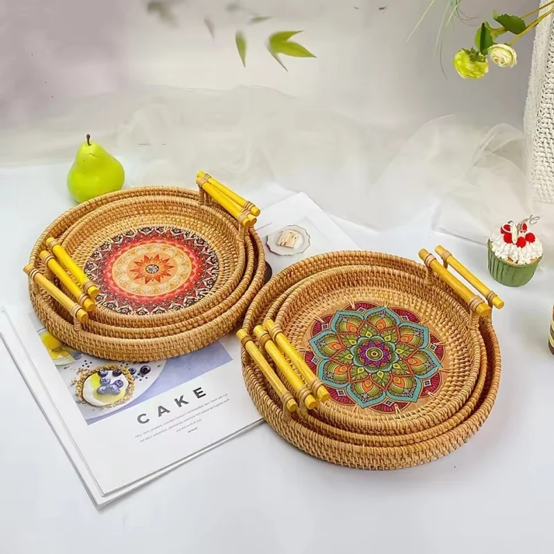 

New 1PC Rattan Round Tray with Handles - Woven Storage for Bread, Snacks, Fruits, Ideal for Picnic & Living Room