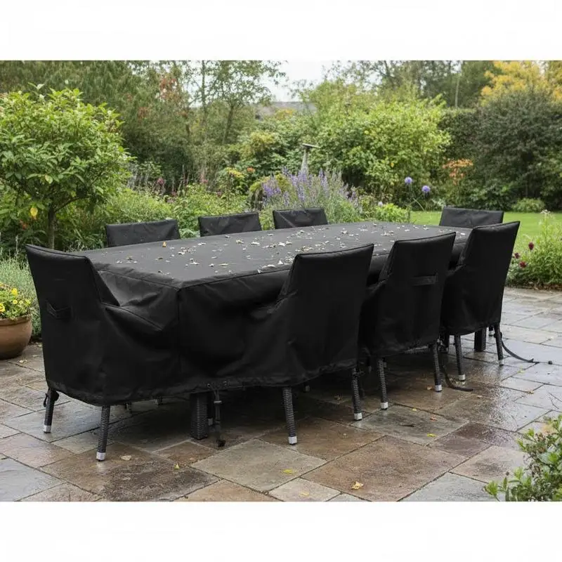 

Outdoor Dining Table Set Protective Cover 94x94x28 inch For Backyard Patio, Garden Deck, Porch Furniture, 420D Heavy Duty Oxford Cloth Large Square Shell Air Vent Design Adjustable Drawstring Buckle Straps Black All Season Protection