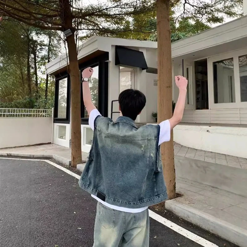 

Мужской винтажный джинсовый жилет, свободный крой, жаккардовый жилет без рукавов, летняя уличная одежда в прохладную погоду, верхняя одежда ​