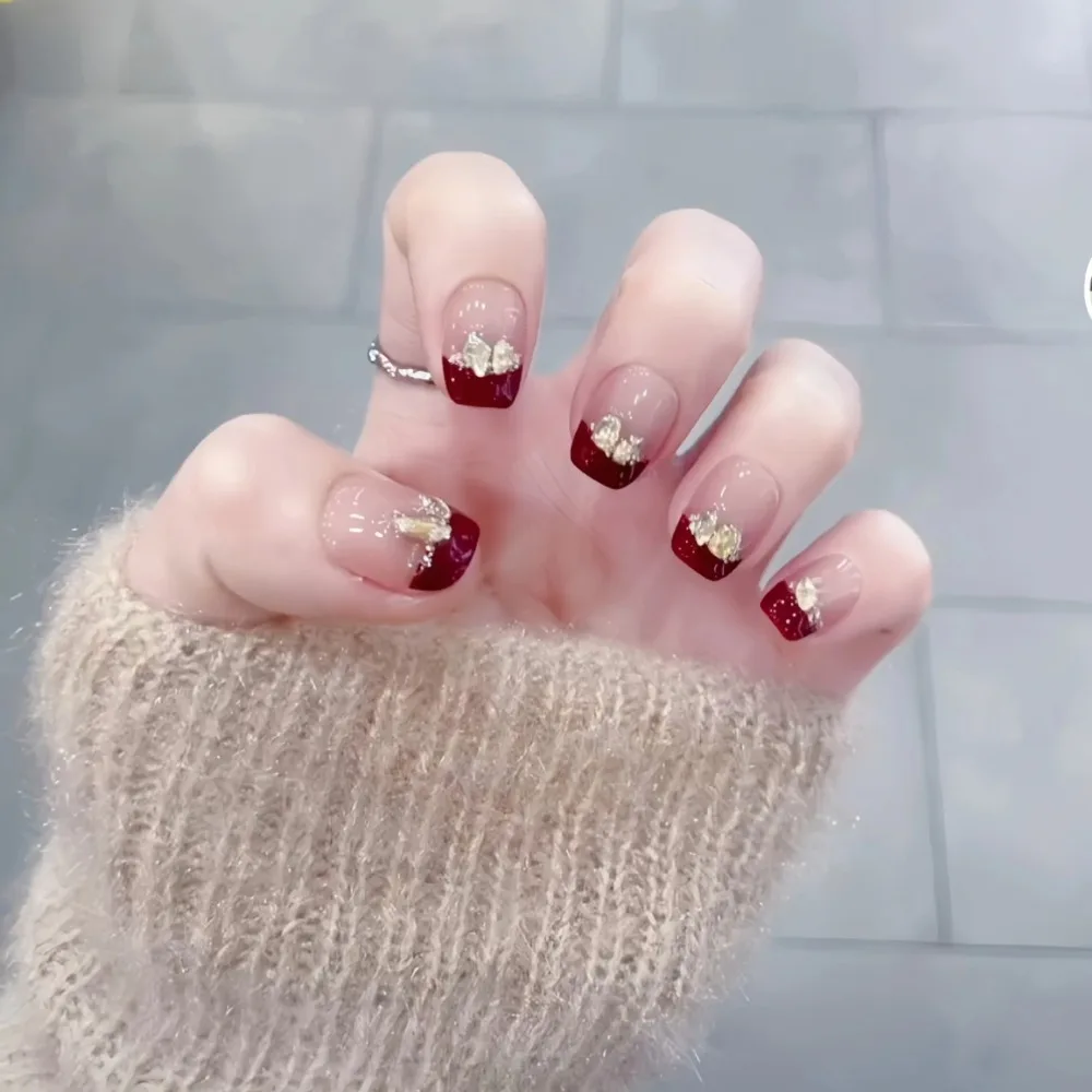 Manicura portátil a prueba de agua, uñas postizas francesas, cabeza cuadrada para el Día de San Valentín, uñas postizas de cobertura completa, uñas postizas para mujer