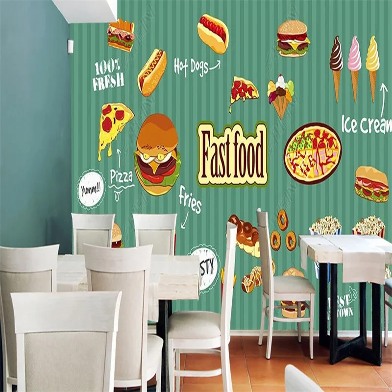 Hand Painted Fast Food Restaurant Hamburger Custom Mural Wallpaper Pizza Hot Dog Ice Cream Snack Bar Industrial Decor Wall Paper