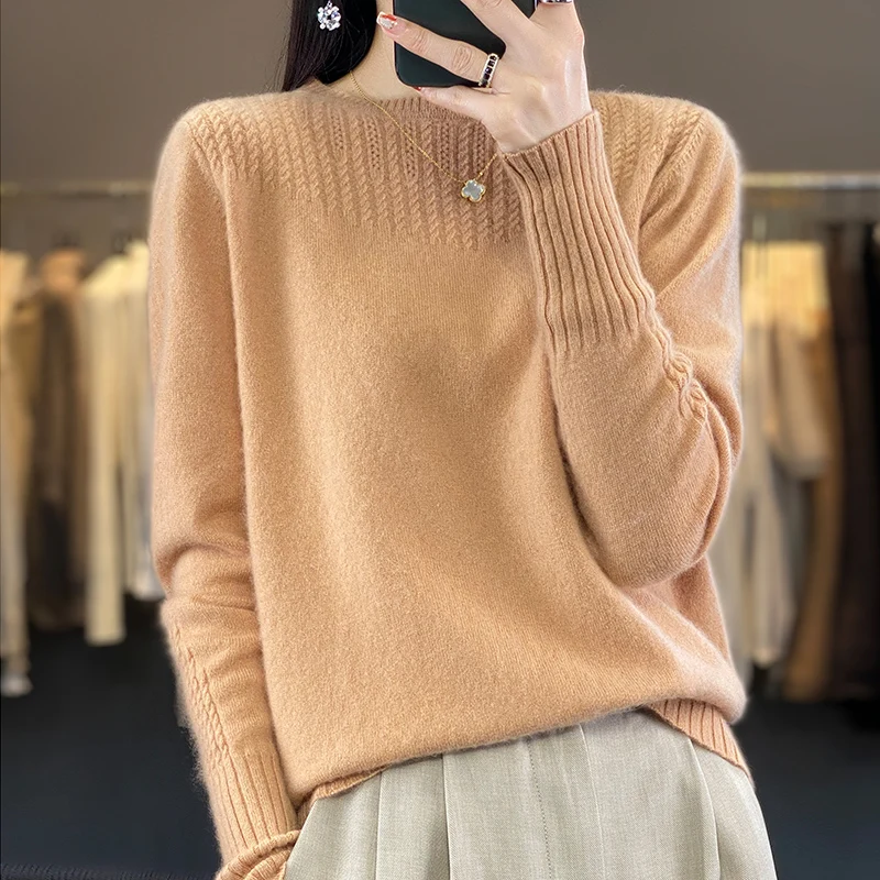 

Chic Women Wool Sweater O-Neck Long Sleeve Pullover 100% Merino Wool Knitwear Autumn Winter Thick Twist Flower Clothing Tops