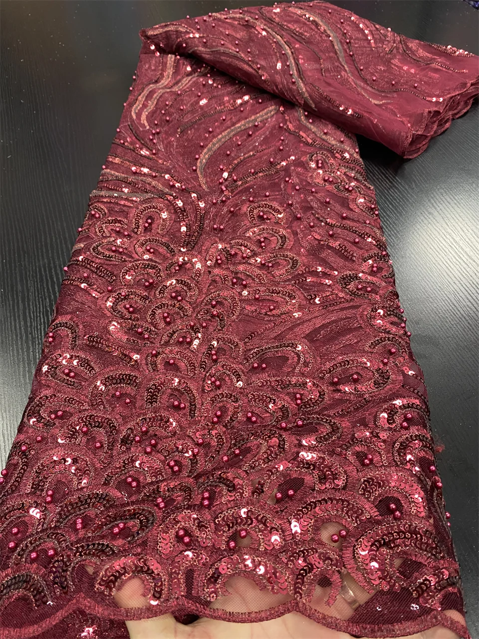 Luxury African Sequined Wine Red Lace Fabric for Wedding 2023 High Quality 5Yards Nigerian Heavy Bead Embroidered Mesh Materials