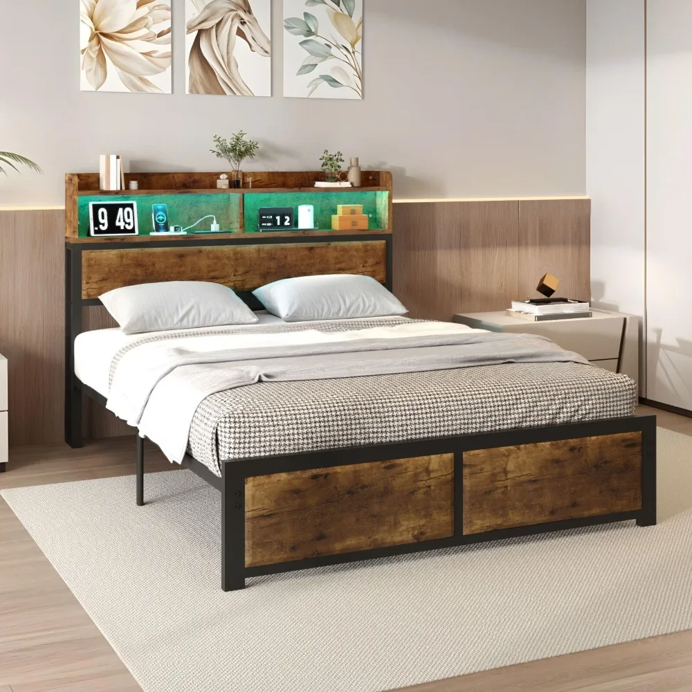 

Full Size Storage Bed Frame Headboard w/ Shelves