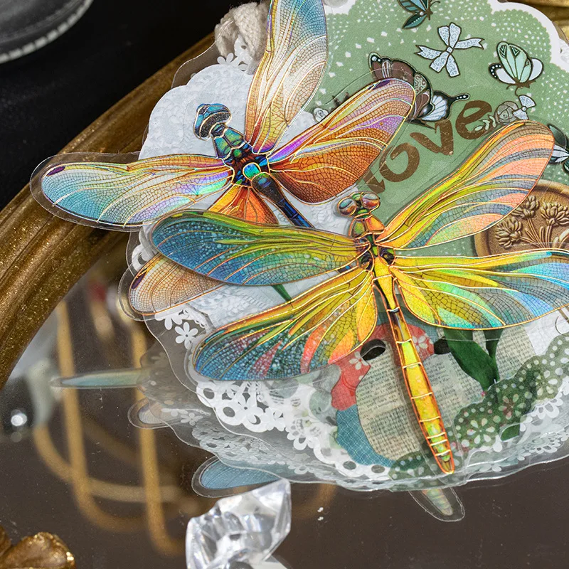 

20pcs Kawaii beautiful colored dragonfly PET die-cutting hot stamping sticker Collage Junk Journal scrapbook decoration supplies