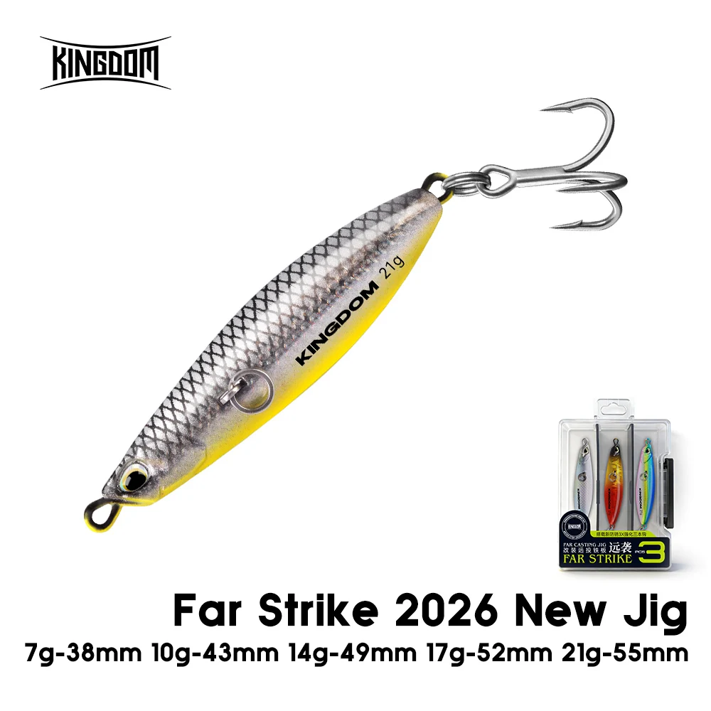 Kingdom - Juego de 3 Señuelos de Pesca de Metal Far Strike, 7 g, 10 g, 14 g, 17 g, 21 g, Señuelos Artificiales para Pesca de Lubina, de Largo Alcance y Hundimiento
