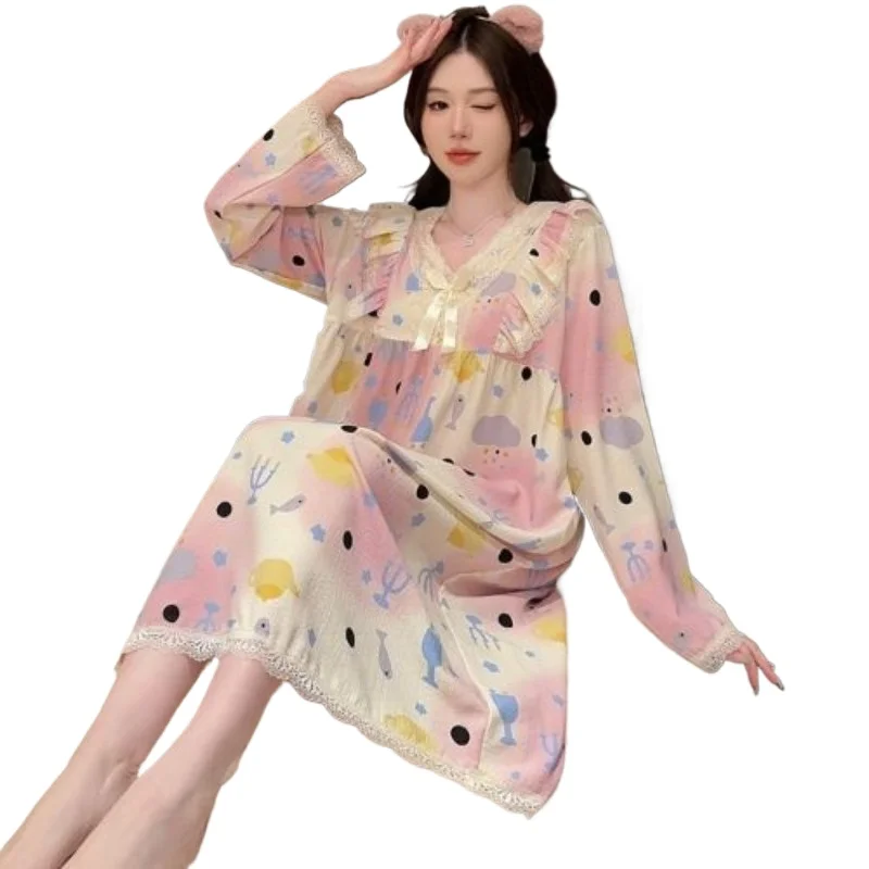 

Весенне-осенняя милая длинная ночная рубашка принцессы с длинными рукавами и толстым кодом 105 кг домашней одежды, ночные рубашки, женские пижамы с пузырьками