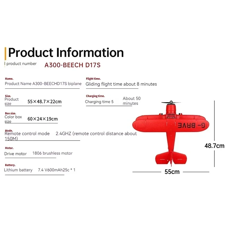 Nowy Wltoys Xk A300 Rc Plane Beech D17s Model 3d/6g Led 2.4ghz Gps Zdalnie sterowany Samolot Duży Myśliwiec Zabawki Prezent Fpv Nośnik