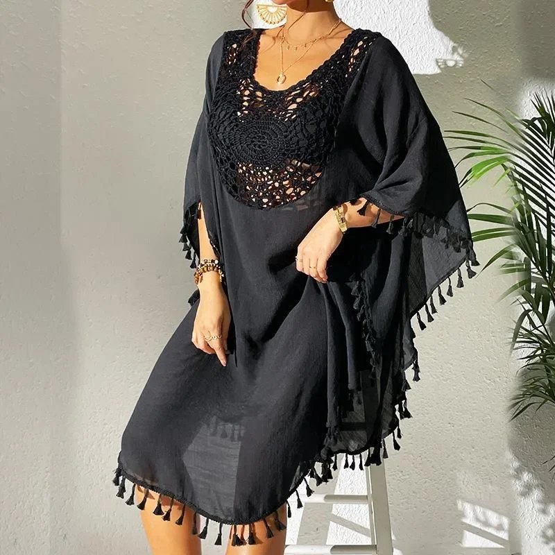 Wehello-Lente Nieuwe Bamboe Gewricht Stof Hand Haak Strand Cover Up Sexy Losse Vakantie Zonwering Shirt Bikini Cover Up