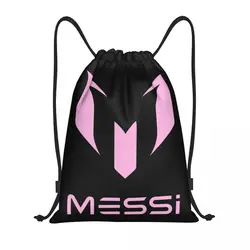 Custom Pink Messis 10 Football Soccer Drawstring Backpack Bags Women Men Lightweight Gym Sports Sackpack Sacks for Traveling