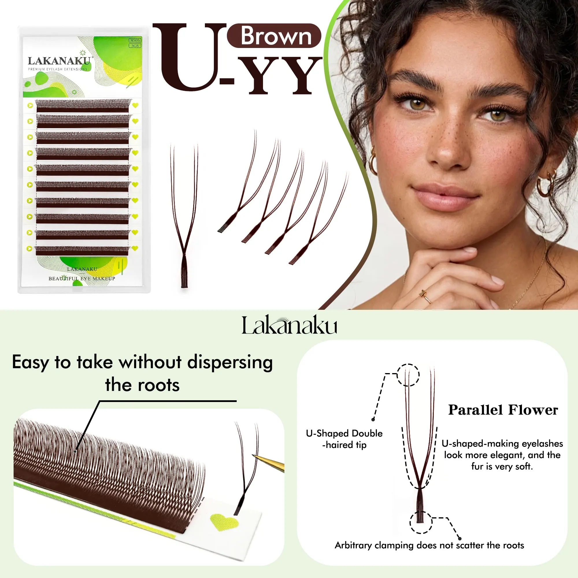 LANAKAU Brown Black U YY Cilios UU Shape Natural Soft Fio YY Lashes Volume Brasileiro Lash Extensions