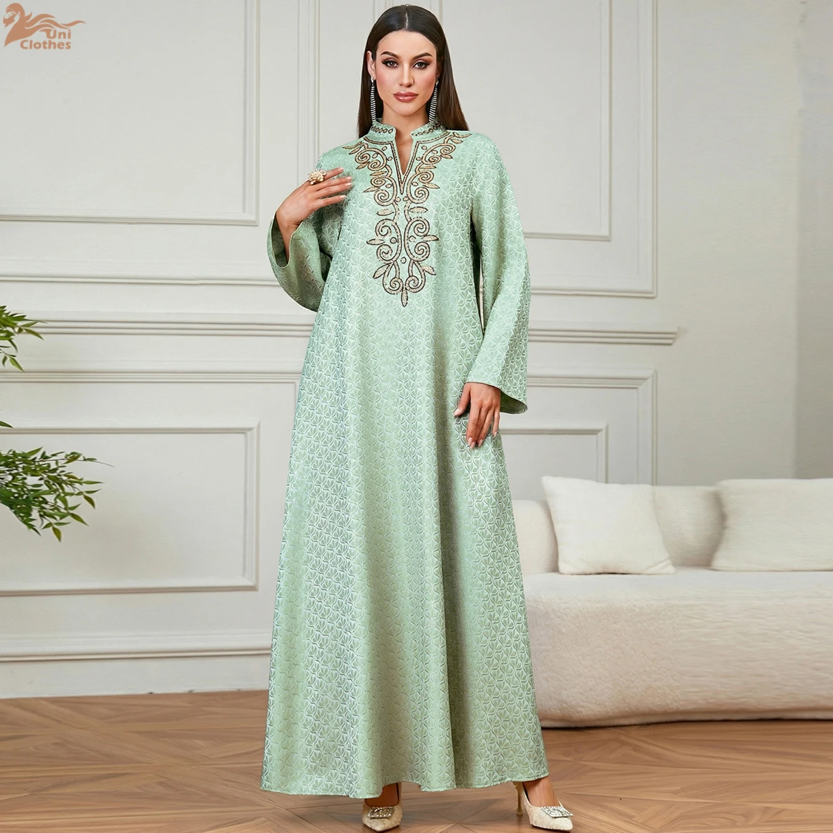

Zahraa Muslim Elegant Embroidery Women Evening Dress Abayas Morocco Sequins V-Neck Stylish Kaftan Women's Clothing