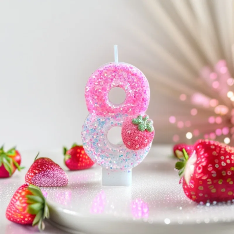 

Розовые свечи с блестками в форме клубники, креативные цифровые свечи для детского дня рождения, свечи ручной работы для декора торта на день рождения
