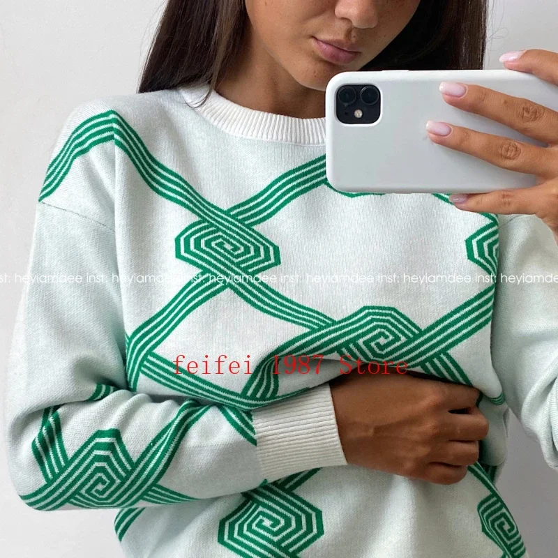 Imagem -04 - Malha de Impressão Feminina O-pescoço Camisola Pullovers Inverno Nova Manga Longa Solta Todos os Jogos Blusas Senhoras Casual Jumpers 2023 de