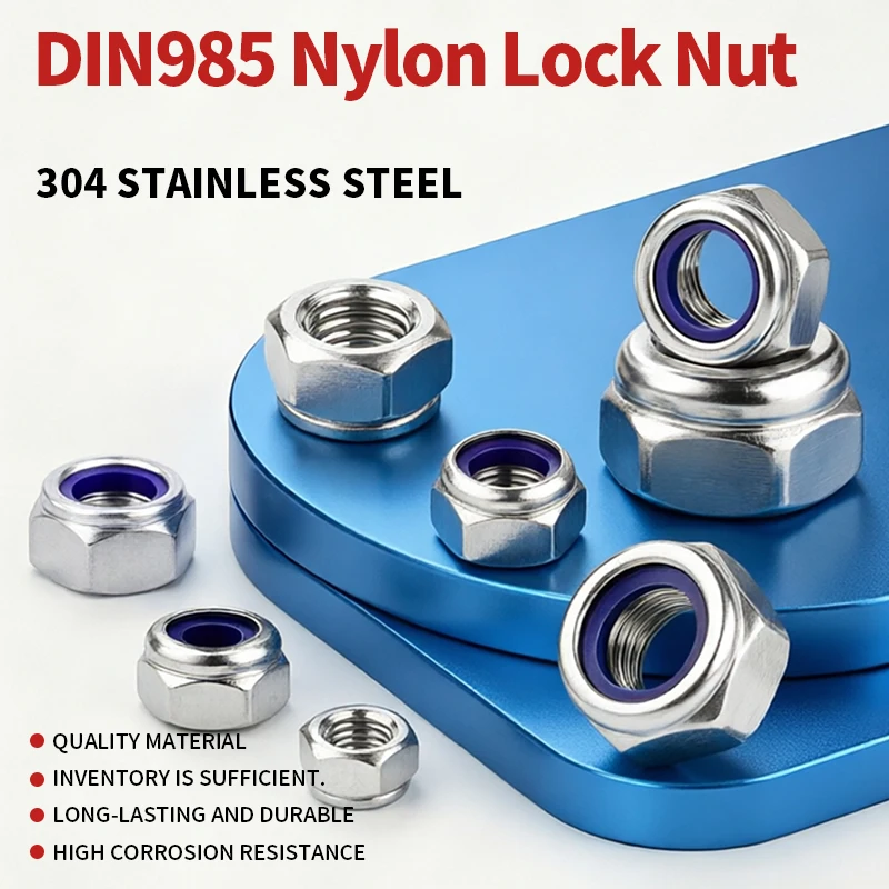 304 Stainless Steel DIN985 Nylon Lock Nut Hex Self Locking Nut Nyloc Nylon Insert Lock Fastener M2 M2.5 M3 M4 M5 M6 M8 M10M12M30
