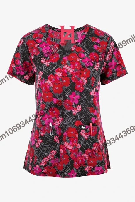 Beautiful printed T-shirt casual comfortable nurse uniform African American style 2024 New  V-neck Large pocket design T-shirt