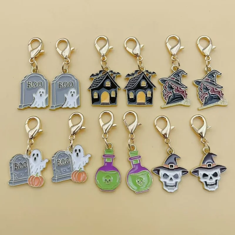 12pcs Halloween mixed keychain  ghost witch skull tombstone house medicine bottle bag decoration gift