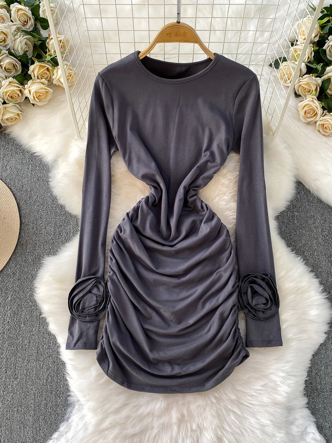 Foamlina Casual Women Long Sleeve Ruched Mini Dress Autumn Fashion Solid 3D Flowers Long Sleeve O Neck Slim Short Bodycon Dress