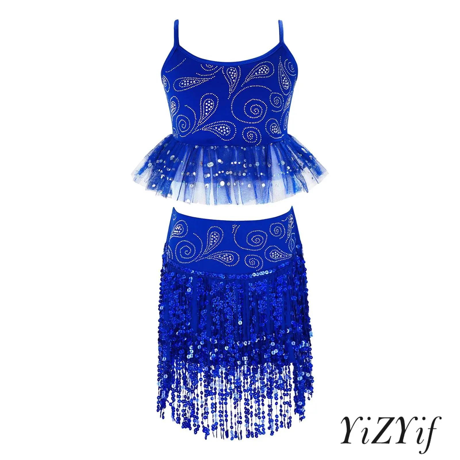 Kids Girls 2-piece Latin Dance Outfit Adjustable Spaghetti Straps Rhinestone Tulle Peplum Top with Tassel Skirt for Performance