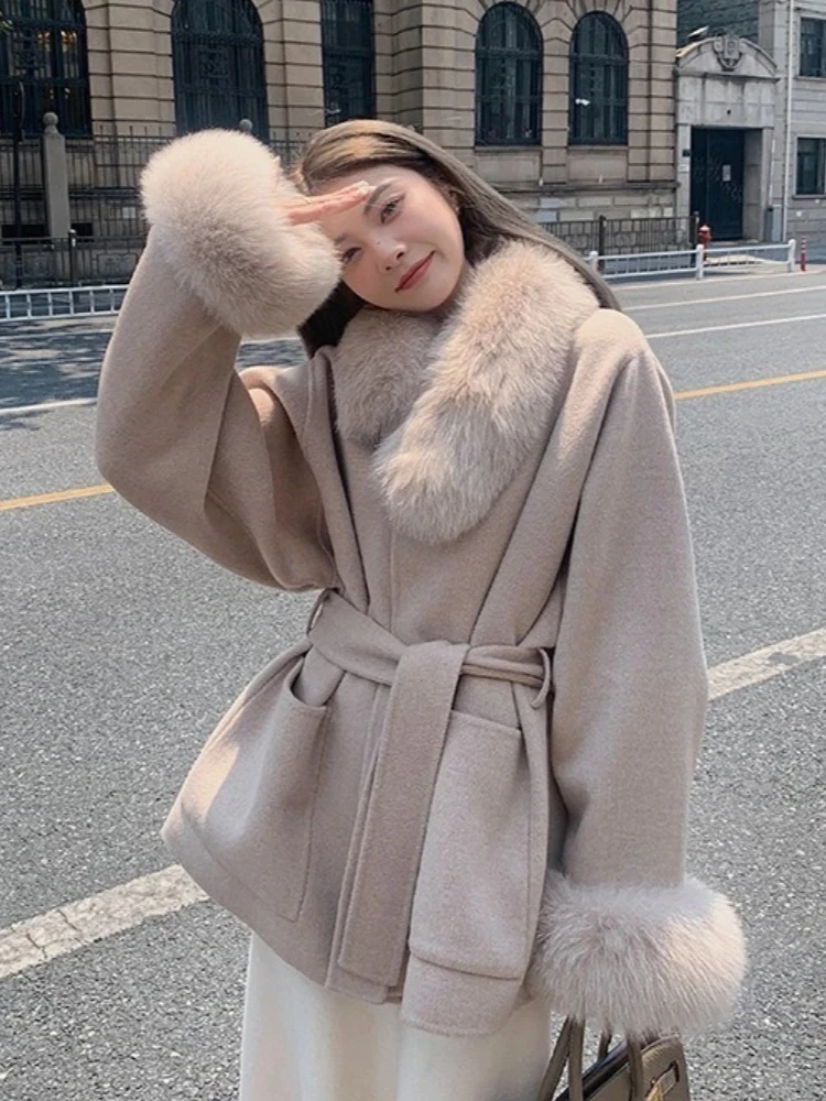 جديد الخريف الشتاء ملابس النساء سميكة الدافئة الفراء الكفة الكشمير معطف الصوف الإناث موضة ريال فوكس الفراء طوق سترة صوفية