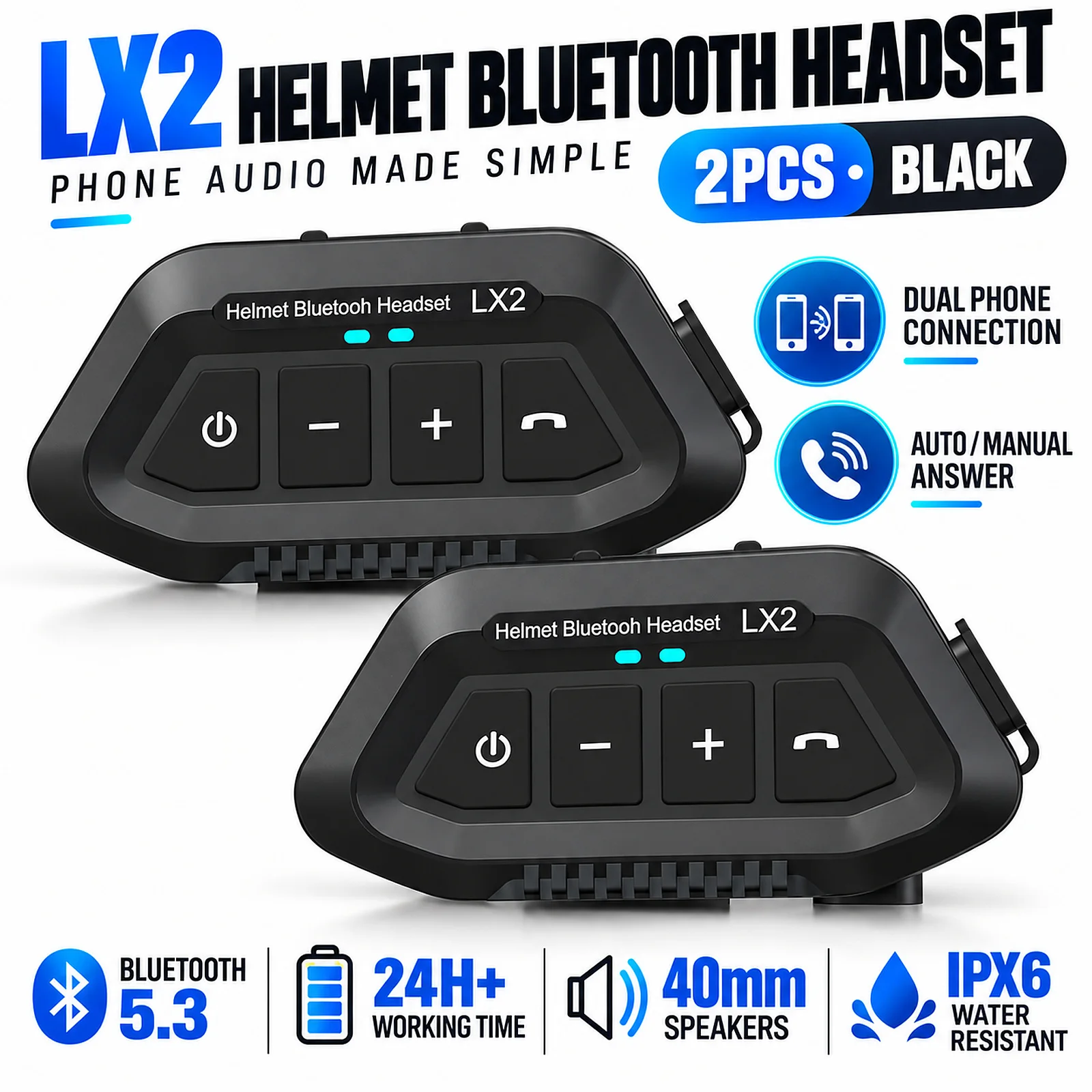 2PCS LX2 Helmet Bluetooth Headset, 40mm Speakers, 1200mAh Each, 24H+ Use, IPX6 Water Resistant, Detachable Clip, Black