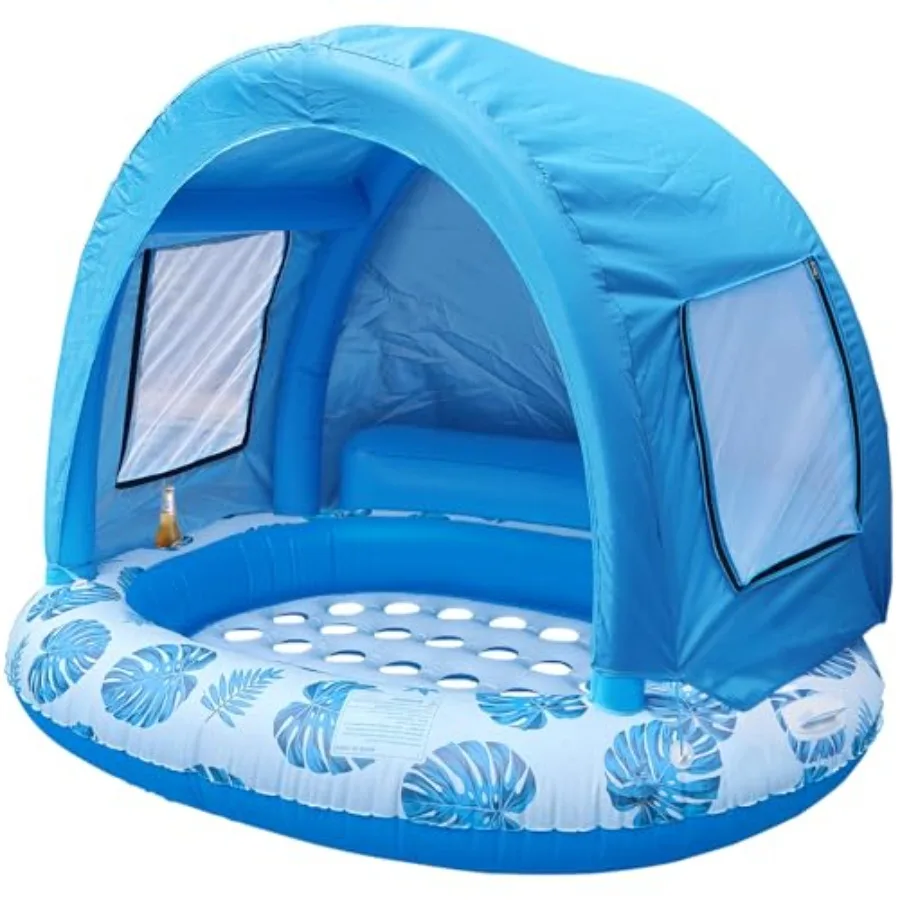 

Inflatable Pool Float with Canopy Shade Extra Large Floating Island Cup Holder Tropical Leaf Design