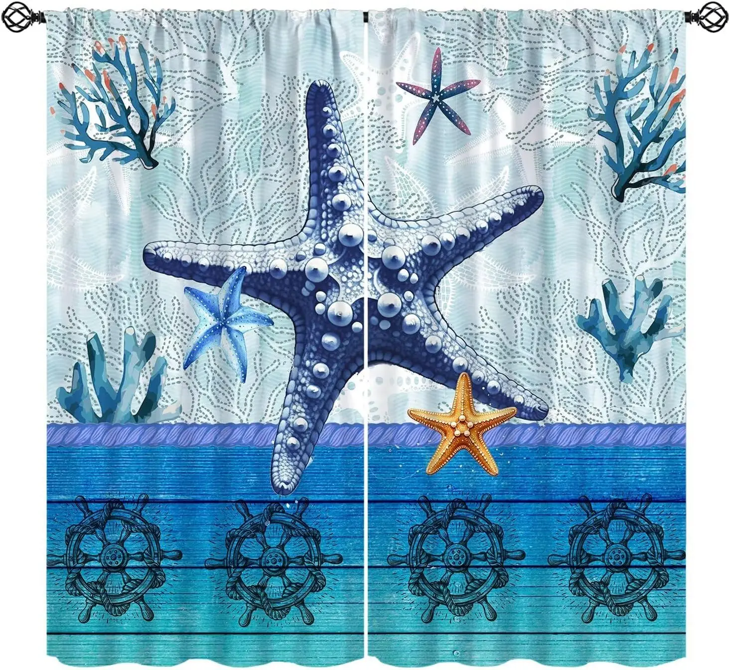 ：Ocean Starfish Coral Rod Pocket Curtain Color Starfish Blue Coral Vintage Ship Wheel Wood Grain Print Drapes Nautical Bathroom