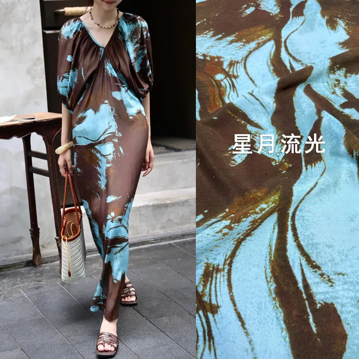 

Blue Abstract Print Silk Stretch Crepe De Chine Fabric Mulberry Silk Material For Dresses 140cm Wide Blouse