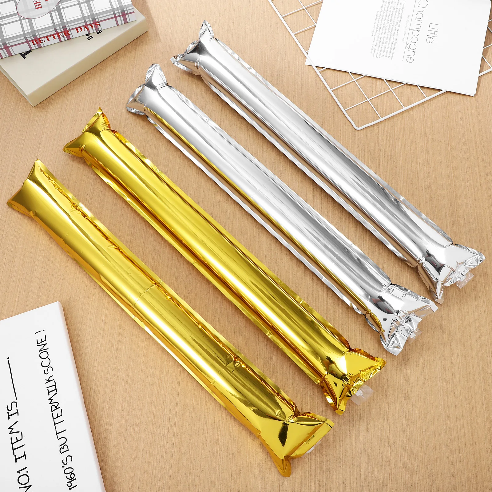 

24pcs Inflatable Cheering Sticks 12 Silver 12 Golden Aluminum Film Clappers Noisemakers for Stadium Party Concert Sports Events