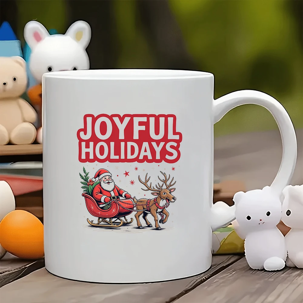 

11oz Mug + Cartoon Santa Claus Illustration Cup + Christmas Gift Santa Claus Reindeer Sleigh Family Office Kids Coffee Cup