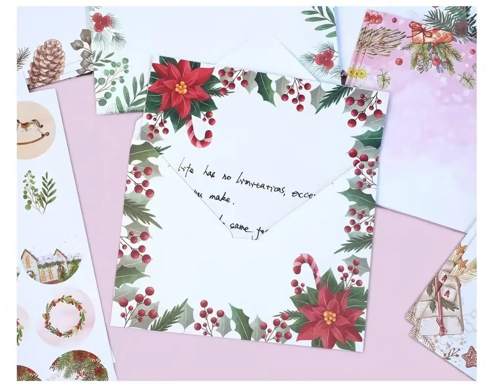 مجموعة قرطاسية عيد الميلاد الجديدة مكونة من 160 قطعة مع مغلفات وملصقات، 50 ورقة كتابة، 50 ظرفًا متطابقًا، 60 ملصقًا للختم