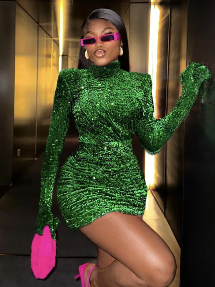 

Women Summer Sexy Turtleneck Long Sleeve Velvet Green Mini Sequins Bodycon Dress 2023 Elegant Evening Party Club Dress
