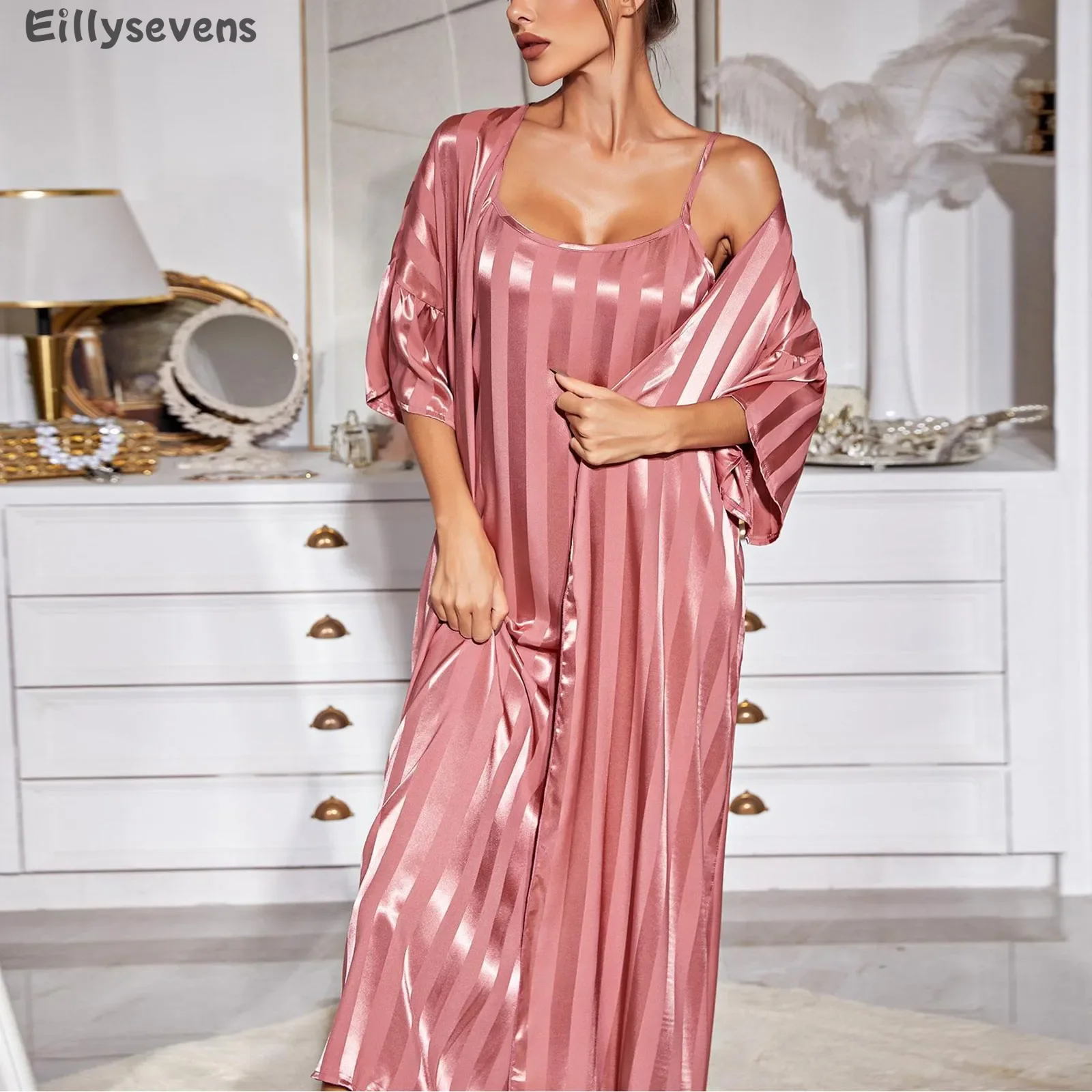 Suspender Pajamas Women's Simulated Silk Long dress High-end Ice Silk pajama sets Home Clothes sexy nightgown Elegant loungewear