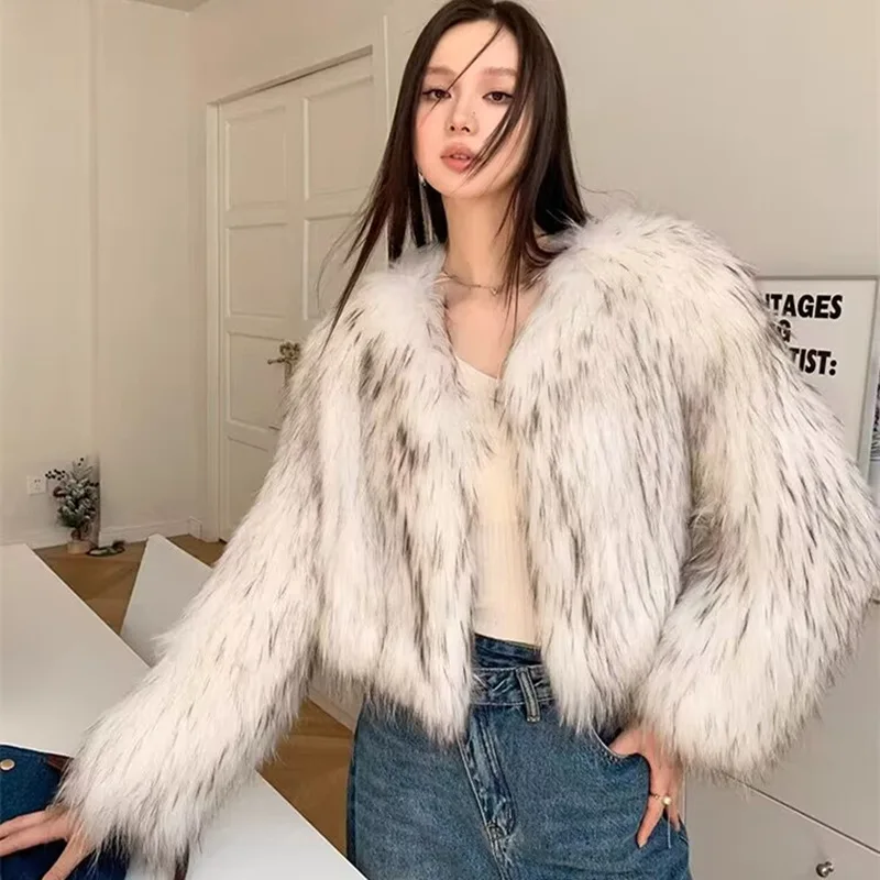 Faux Fur Jackets Women Print Elegant Short Coat Cardigan Warm Thick Outerwear Casual Jacket Streetwear Long Sleeve Coats