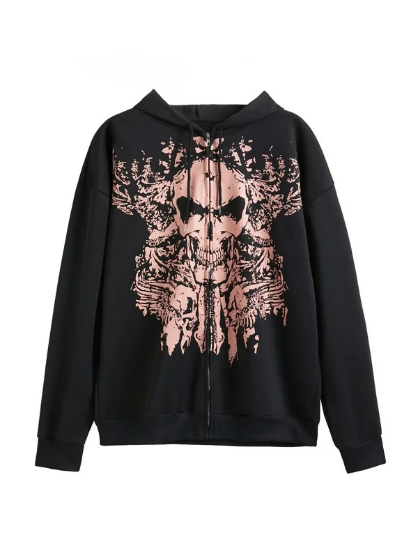 Y2K Women's Clothing Sweatshirt Long Sleeve Pullover Print Vintage Clothes Dark Punk streetwear skull Wash Old High Street Tops