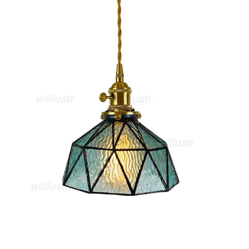 

Handmade Glass Pendant Lamp Retro Patchwork Suspension Light Hotel Cafe Aisle Beside Creative Copper Hanging Ceiling Chandelier