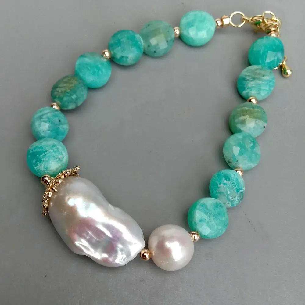 YYGEM 11mm Natural Green Peruvian Amazonite Coin Shape Beaded 15x28mm  Freshwater Cultured White Keshi Baroque Pearl Bracelet